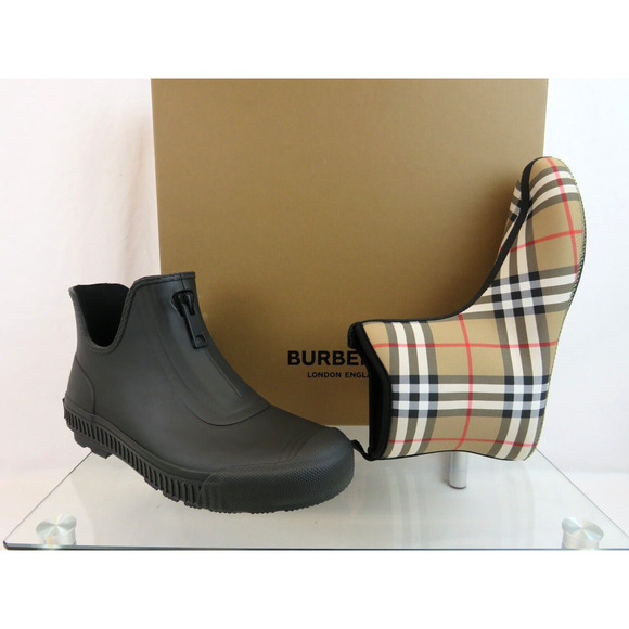 BURBERRY FLINTON BLACK RUBBER BEIGE CHECK SOCK LOGO ANKLE RAIN BOOTS US 11 EU 41 - Picture 4 of 14